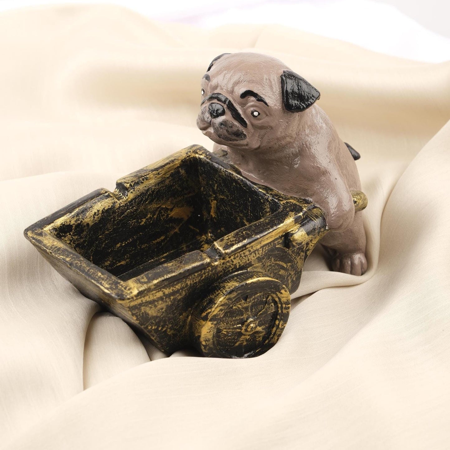 Gray Pug Dog Ashtray in Rustic Cart, Unique Animal Lover Smoking Tray, Handmade Whimsical Gift Decorative Art Piece, 16x9x12cm