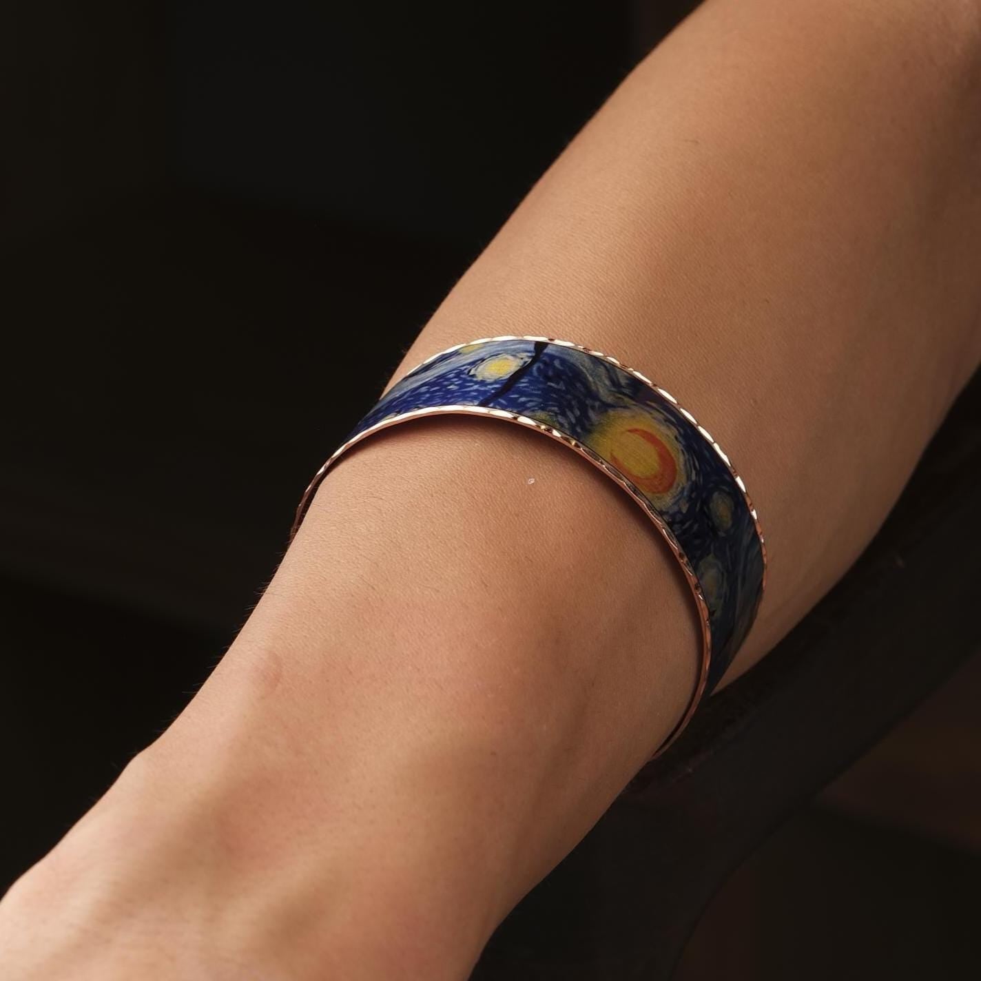 Vincent Van Gogh "The Starry Night" Bracelet in Pure Copper, Handmade & Artistic Adjustable Cuff | Antique Looking, Vintage Style Gift