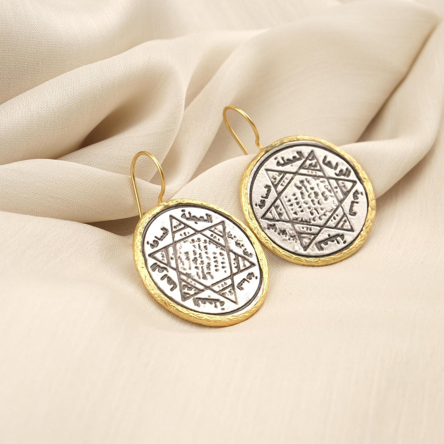 Handmade Solomon Seal Dangle Earrings, Dual Tone Boho Statement Jewelry, Gold Plated Mystical Talisman With Ancient Inscription