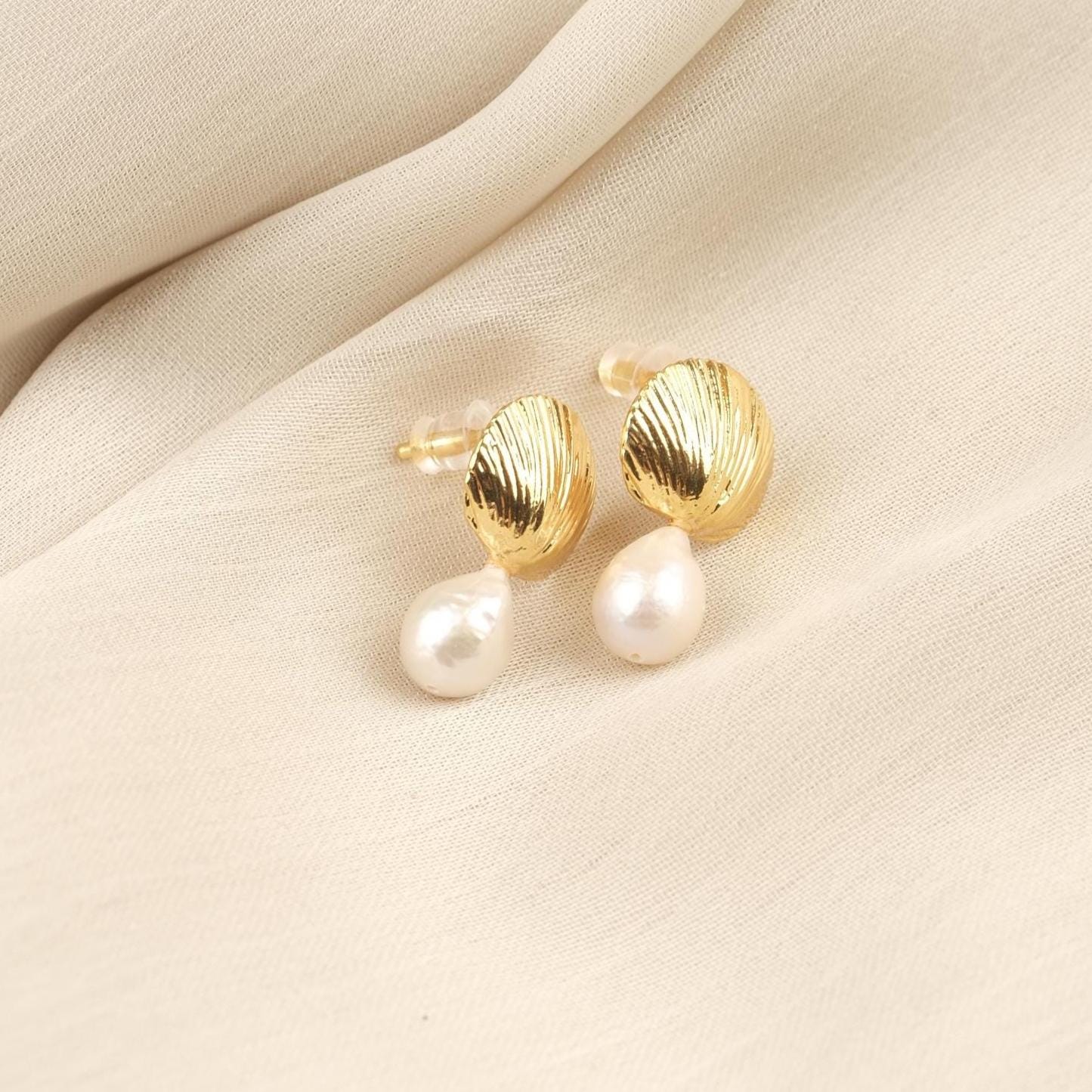 Handmade Genuine Pearl Shell Stud Earrings, Gold Plated Sea-Inspired Design with Real Freshwater Pearls, Elegant Vintage Style Gift Idea