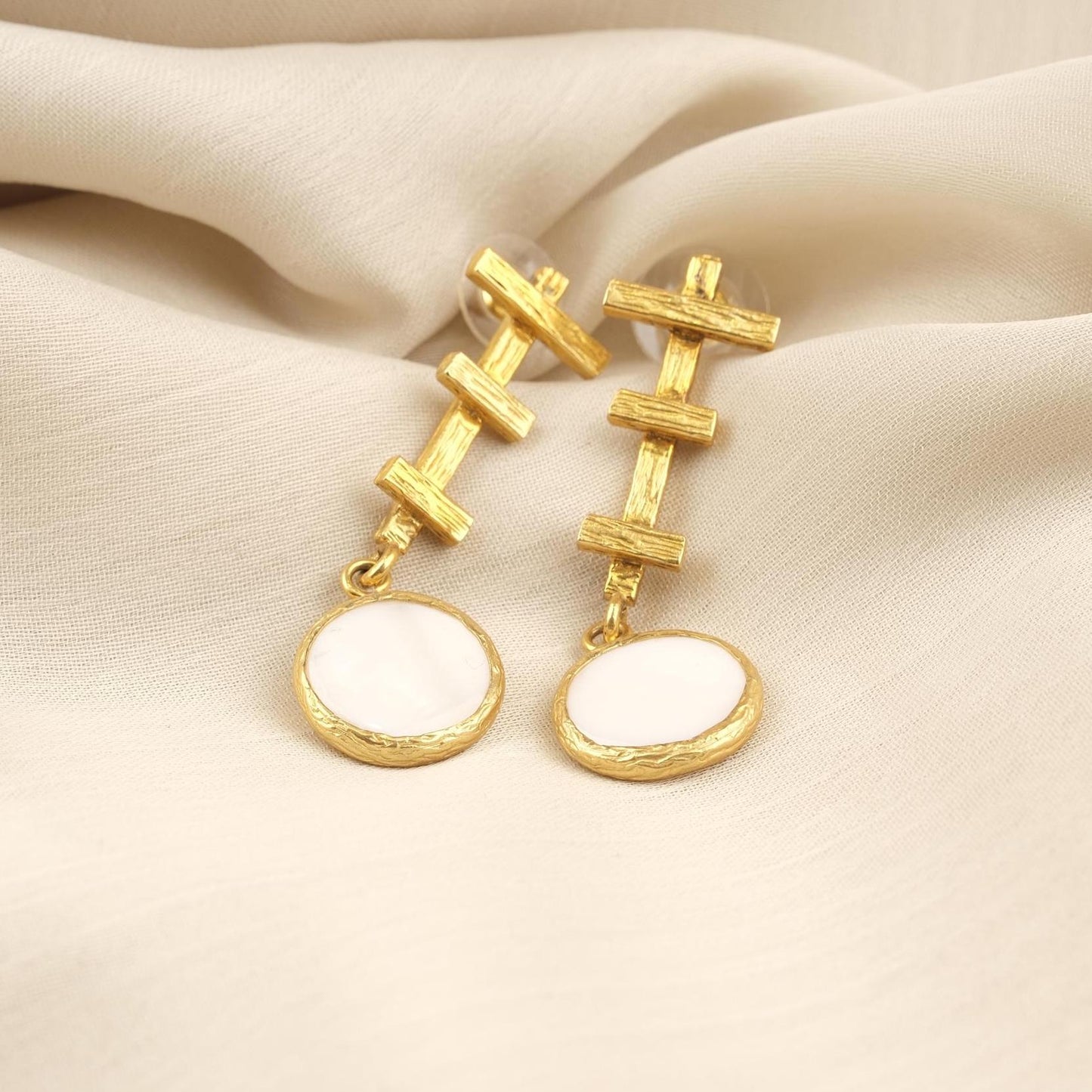 Handmade Artistic Stud Earrings With Genuine Pearl Discs, Gold Plated Abstract Design, Elegant Modern Jewelry With Vintage Style Charm Gift