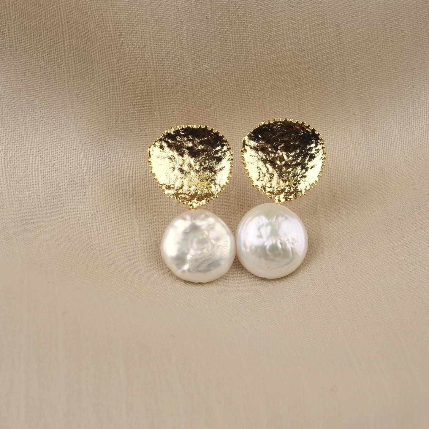 Handmade Gold Plated Stud Earrings with Genuine Freshwater Pearl, Antique Looking Dome Design, Elegant Artistic Minimal Jewelry Gift for her