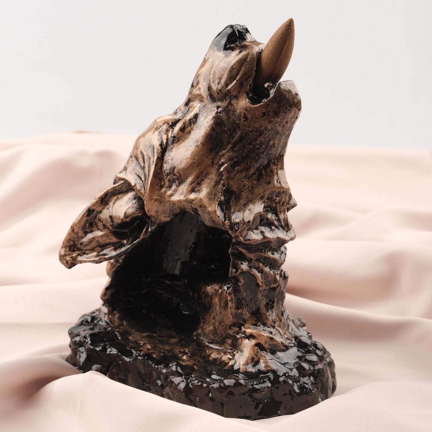 Gold Black Howling Wolf Backflow Incense Holder & Burner in Resin | Unique Ash Catcher for Meditation Lovers, Authentic Yoga Accessories