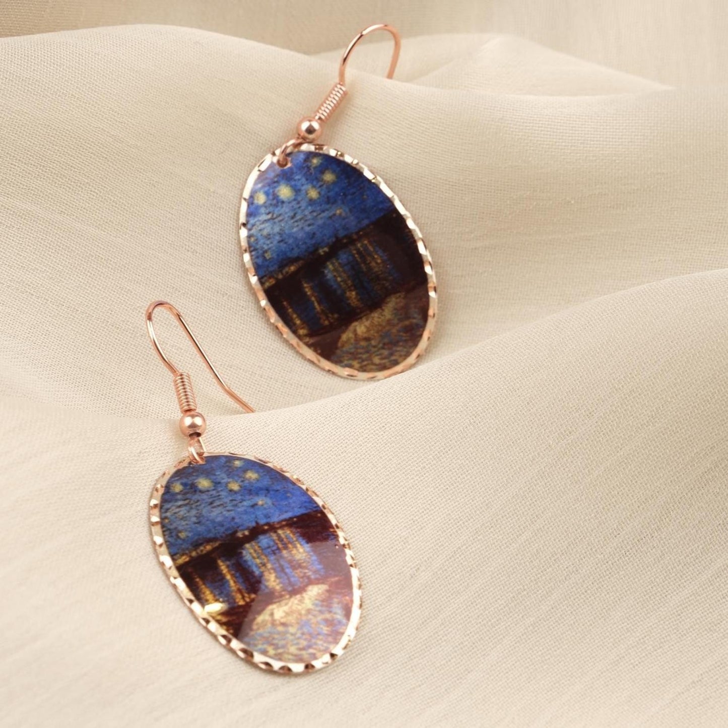 Vincent van Gogh “Starry Night Over the Rhône” Dangle Earrings in Pure Copper, Artistic Design, Handmade Vintage Style, Antique Looking Gift