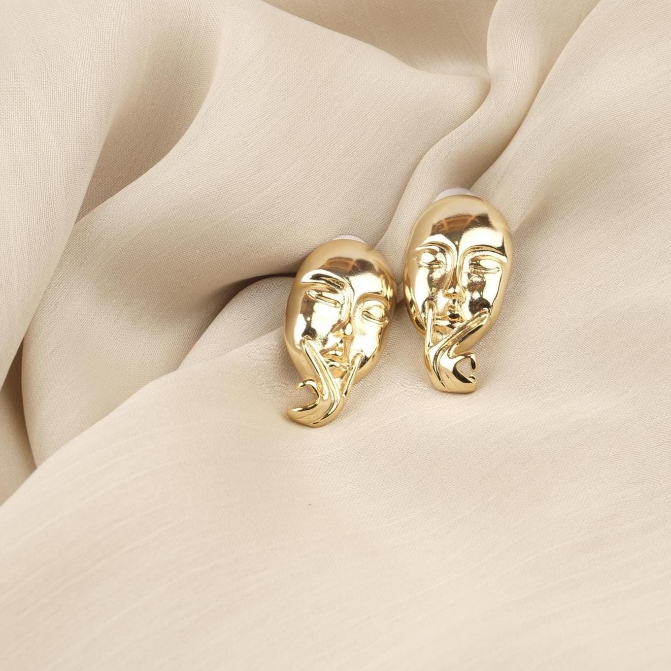 Handmade Artistic Woman Face Stud Earrings, Gold Plated Abstract Design, Statement Feminine Jewelry, Unique Gift with Vintage Style Flair