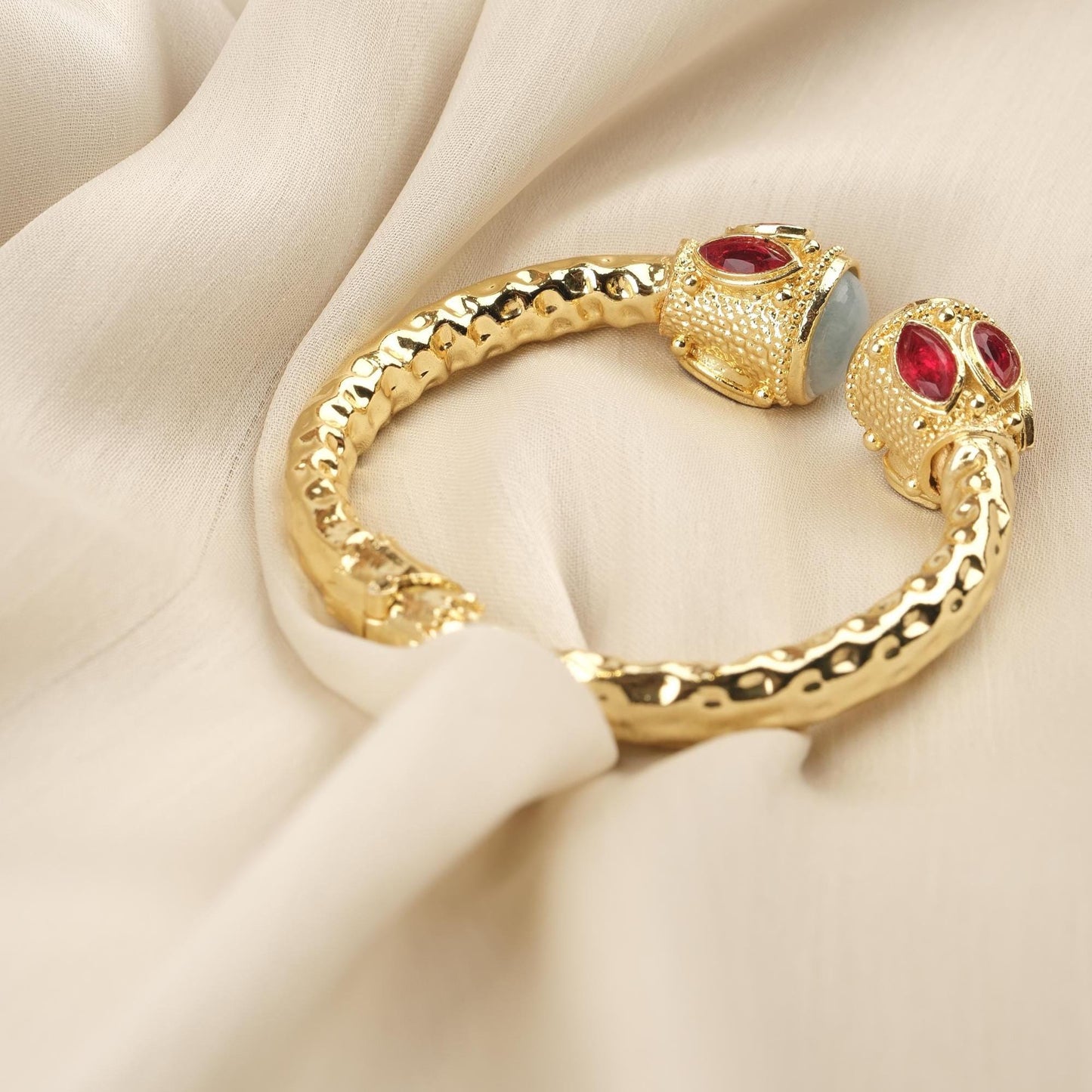 Stone of Courage | Handmade Aquamarine Bracelet with Ruby Red Accents, Inspired Design, Antique Looking and Vintage Style Gold Plated Bangle