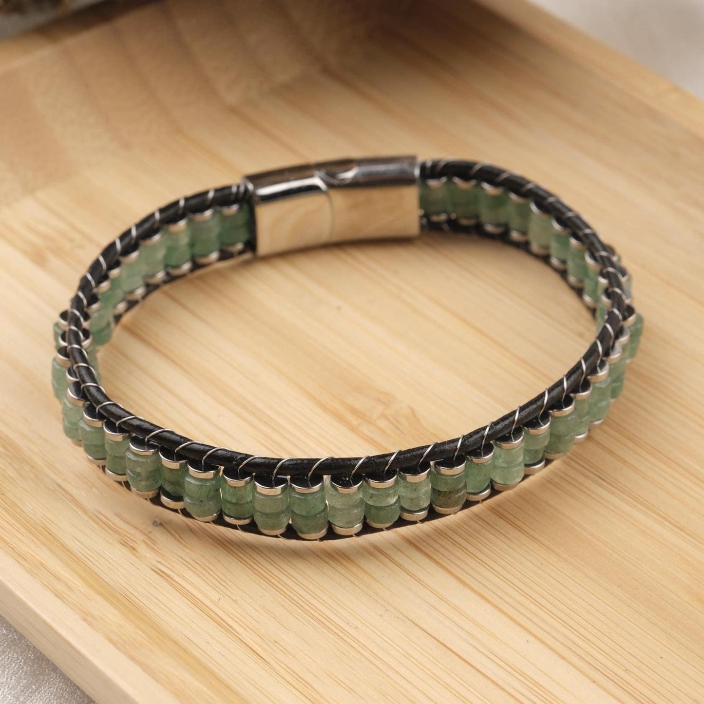 Stone of Opportunity, Green Aventurine & Leather Bracelet for Men, Crystal Bracelet Gift with Hematite, Stylish Wristband
