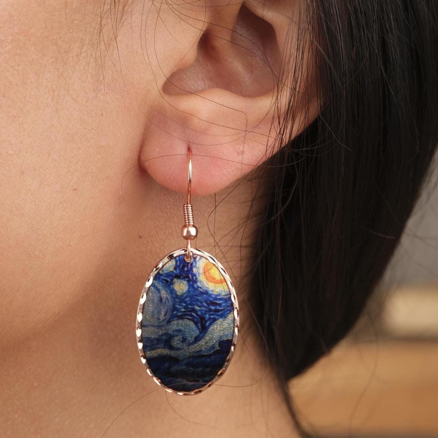 Vincent van Gogh “The Starry Night” Dangle Earrings in Pure Copper, Artistic Design | Handmade Vintage Style, Antique Looking Gift