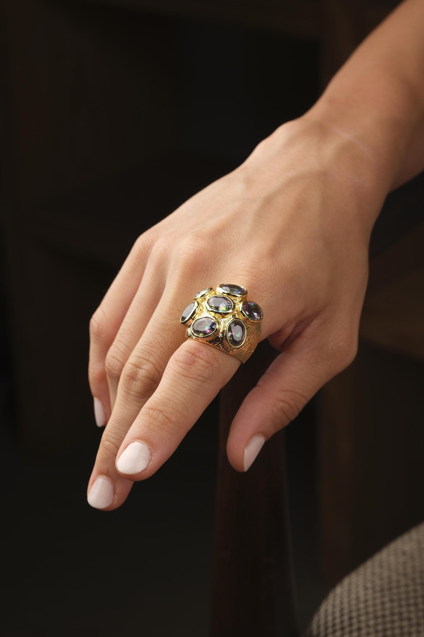 Handmade Ottoman Style Ring With Blue Gemstone Cluster, Antique Looking And Vintage Style Gold Plated Ring With Regal And Artistic Details