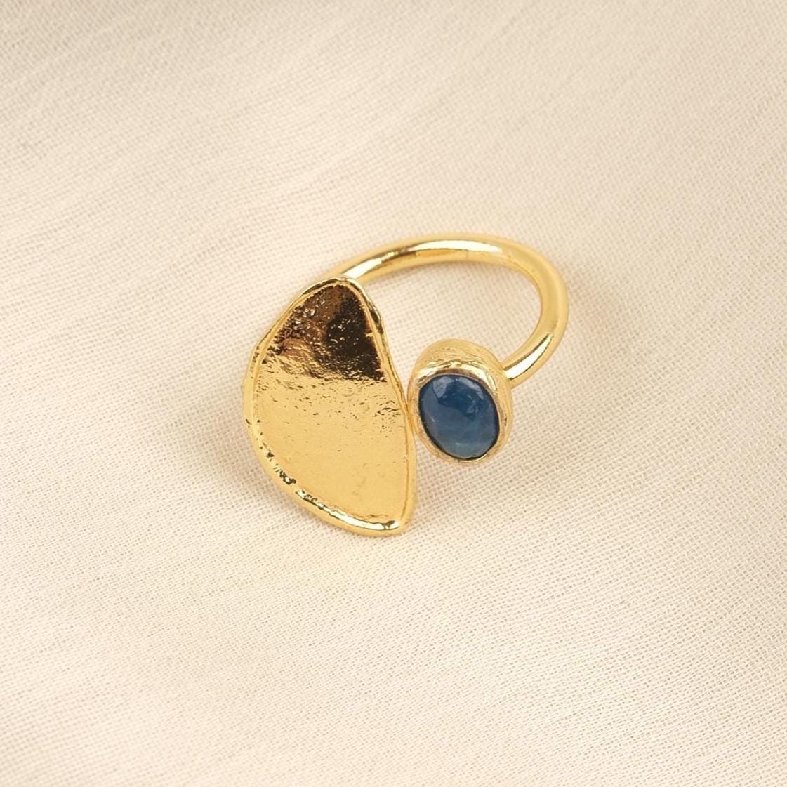 Handmade Classic Artistic Sodalite Gemstone, Antique Looking And Vintage Style Gold Plated Ring With Minimal Sculptural Design Accent