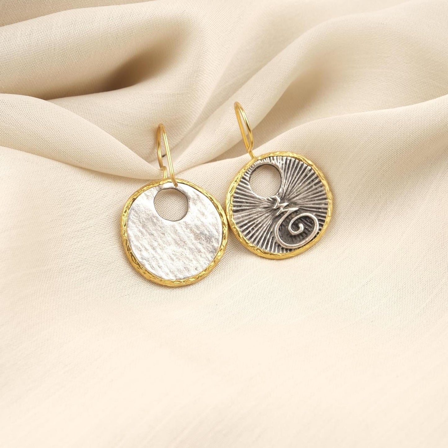 Handmade Abstract Chakra Dangles, Symbol Earrings, Dual Tone Gold Plated Bohemian Jewelry, Unique Artistic Design With Spiritual Symbolism