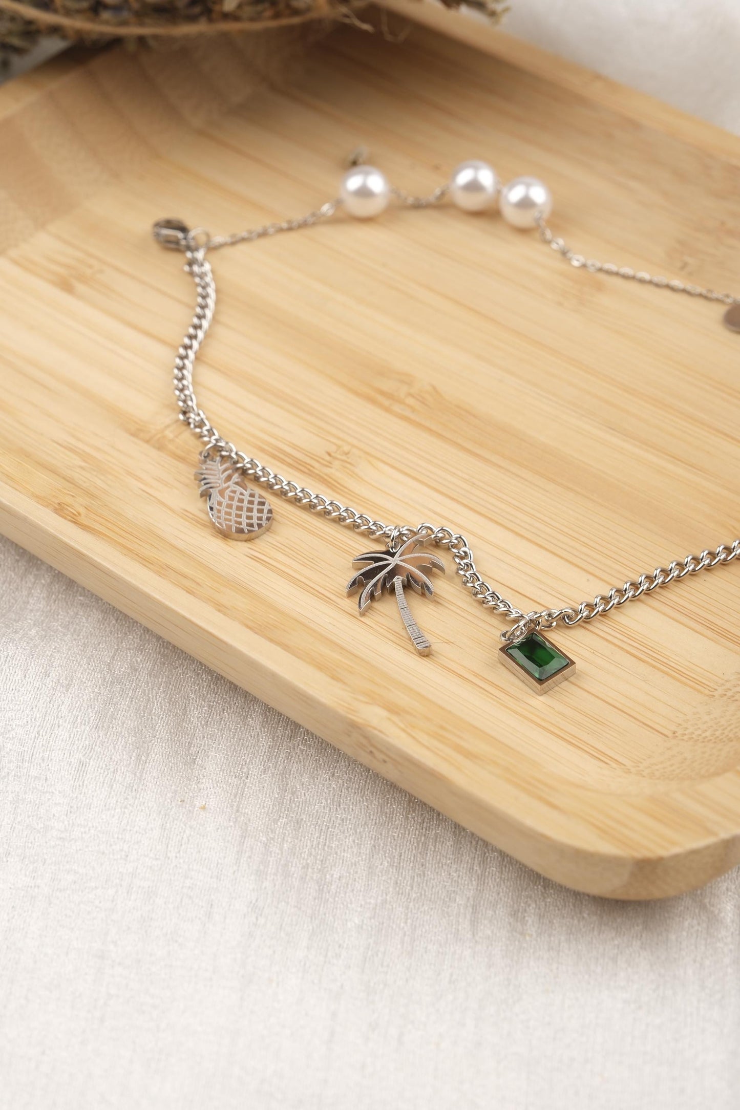 Exotic Bracelet for Summer | Pineapple, Pearl, Palm & Emerald Charm Jewelry