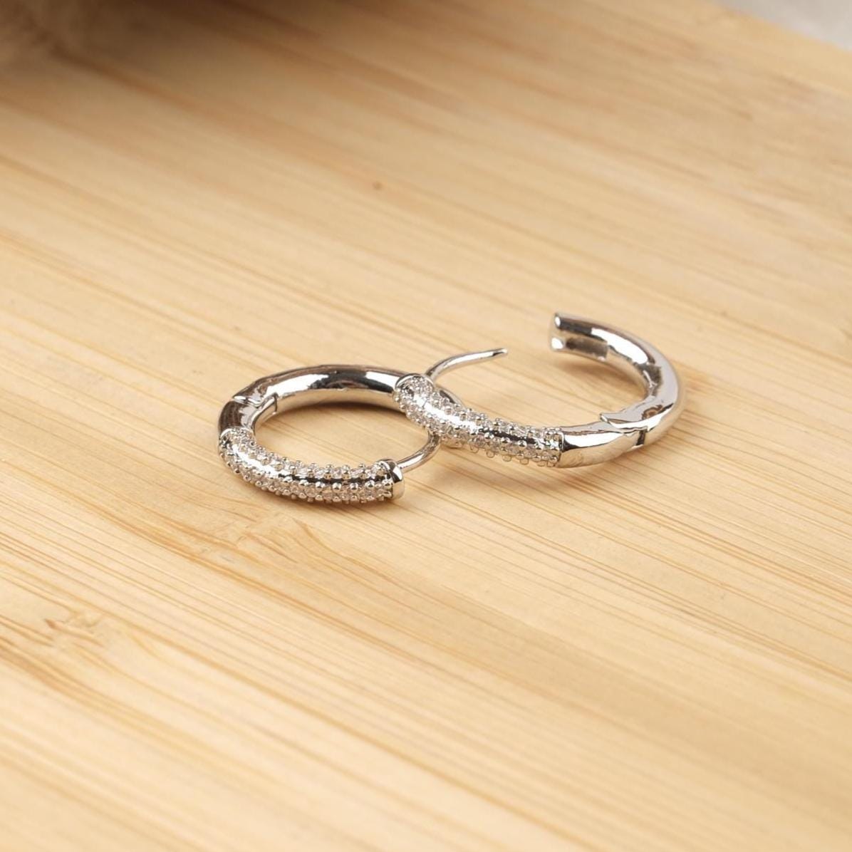 Silver Plated Hoop Earrings With Diamond Accents, Elegant Sparkling Hoops For Women, Timeless Jewelry Gift For Her, Emerald Stone Earrings