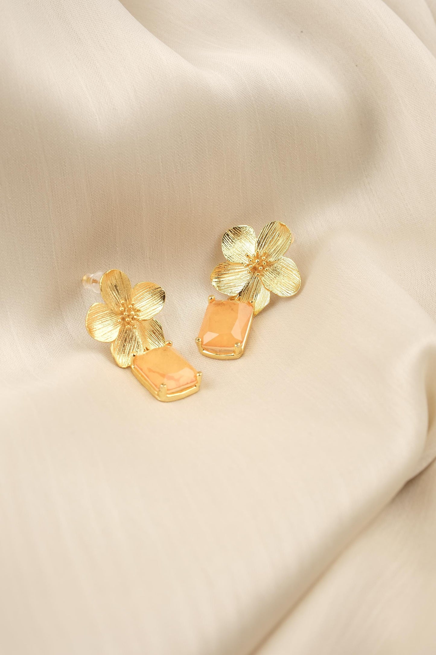 Handmade Gold Plated Flower Stud Earrings, Elegant Orange Gemstone Drop Design, Artistic Floral Charm, Unique Statement Gift for Her