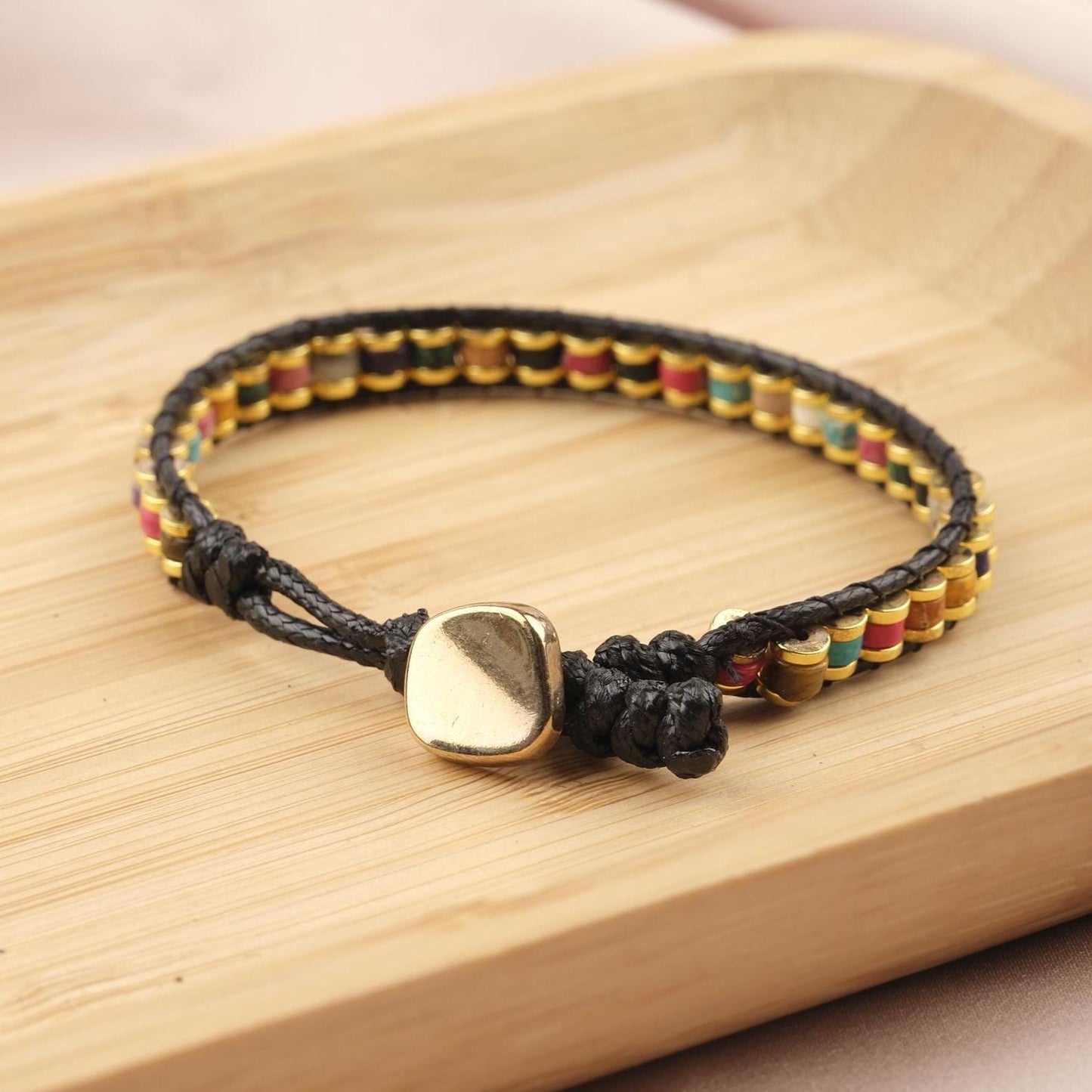 Multi-Gemstone Power Bracelet for Men, Hematite Beaded Leather Wristband, Healing Energy Gift, 21cm / 8.26in Titanium Lock