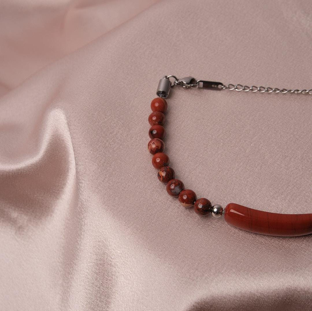 Red Classic Gemstone Bracelet with Silver Cord Stainless Steel Gift for Men, Tough and Timeless Style, Cool Masculine Jewelry Gift for Men