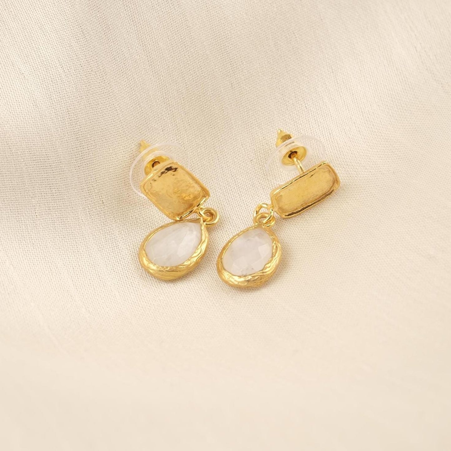Handmade Moonstone Gold Plated Diamond Shape Stud Earrings, Minimalist Artistic Design with Drop Charm, Elegant Lightweight Jewelry Gift