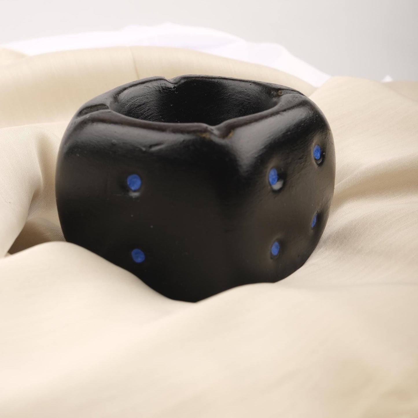 Black Dice Ashtray with Blue Dots, Casino Style Smoking Tray, Funky Handmade Cube Decor for Game Nights Unique Gift Idea