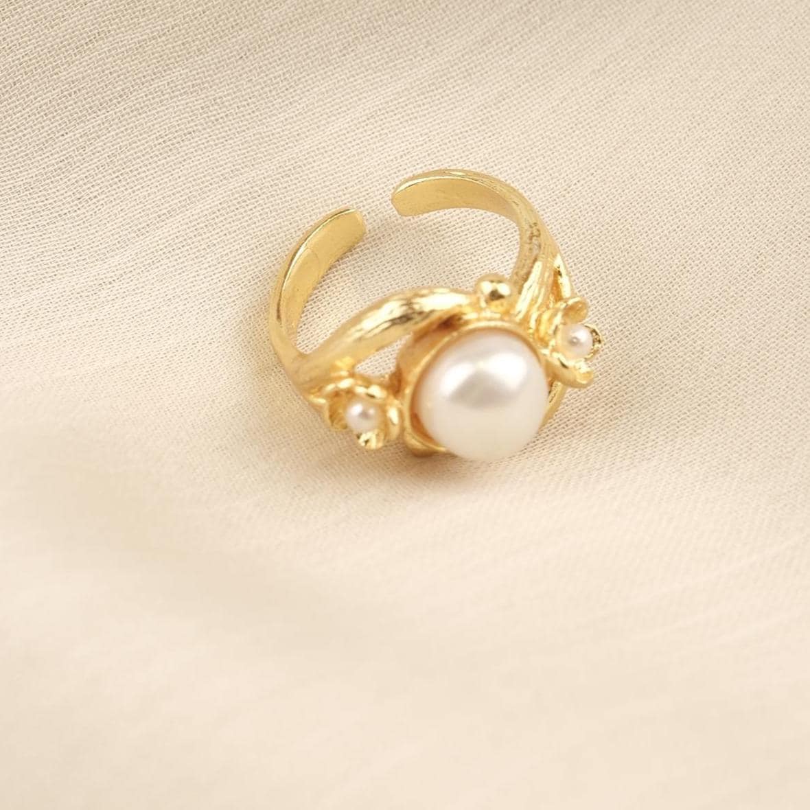 Handmade Artistic Design Ring With Faux Pearl Centerpiece, Adjustable Antique Looking And Vintage Style Gold Plated With Delicate Detailing