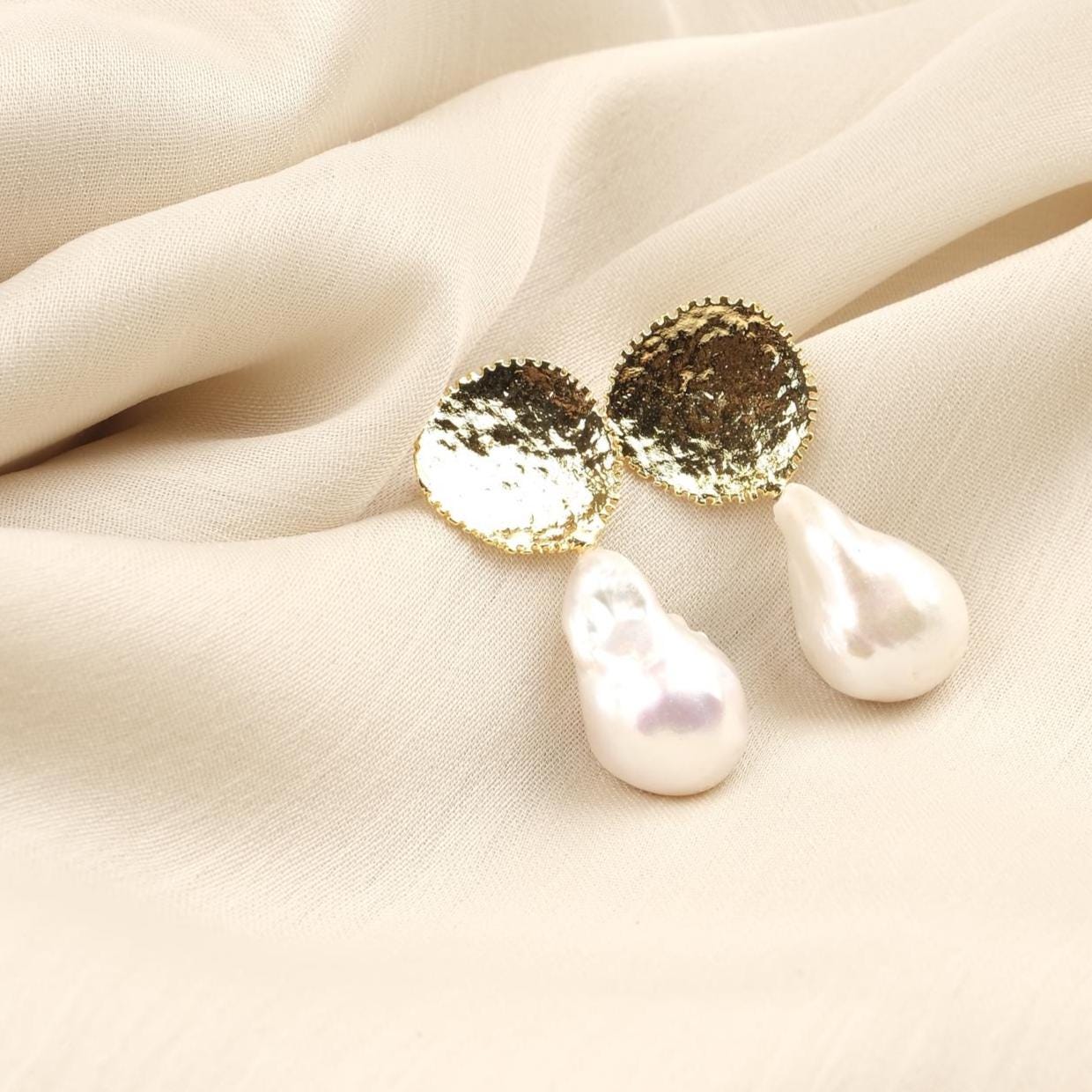 Handmade Genuine Baroque Pearls, Gold Plated Earrings With Antique Looking Design, Vintage Style Statement Studs With Organic Gemstone Charm