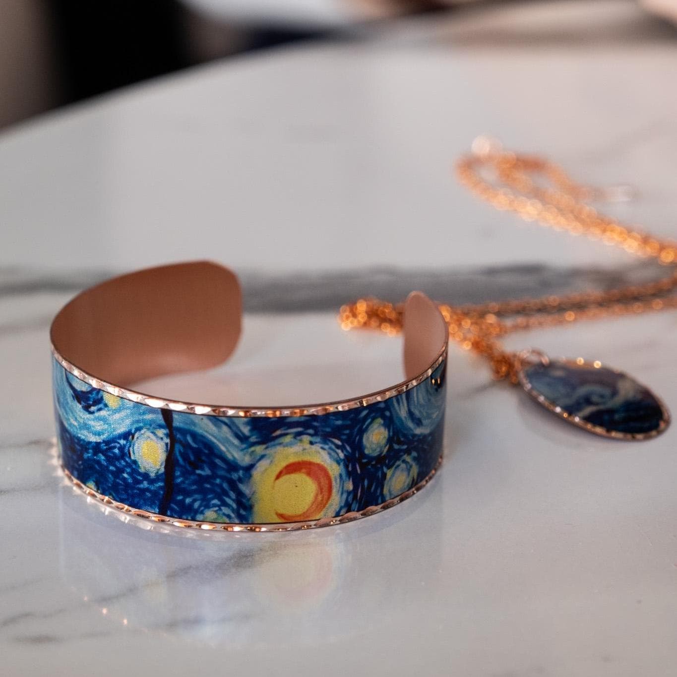 Vincent Van Gogh "The Starry Night" Bracelet in Pure Copper, Handmade & Artistic Adjustable Cuff | Antique Looking, Vintage Style Gift