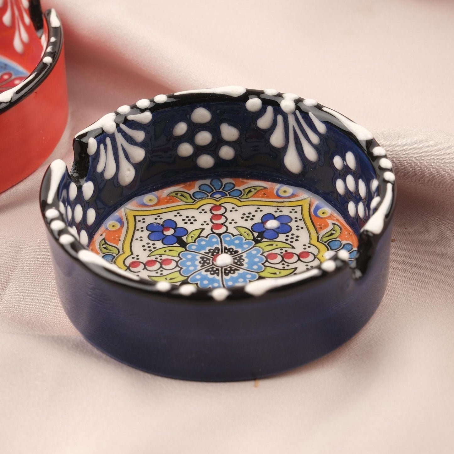 Buy1 Get1 | Antique Ashtray with Vintage Anatolian Paint, Handmade Perfection for Smokers | Ceramic Cigarette Lid in Navy Blue & Red 3.14IN