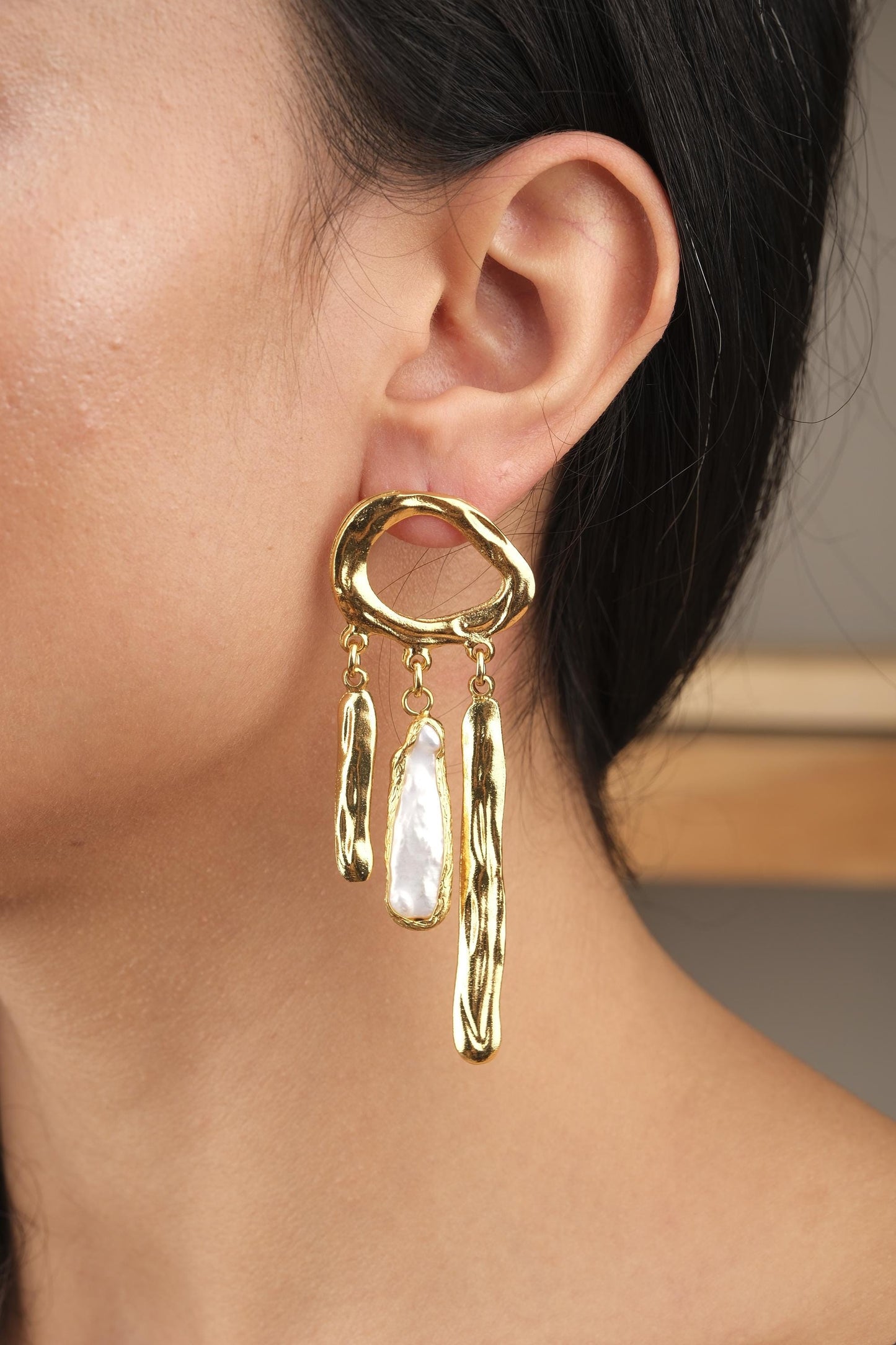 Handmade Genuine Pearl Artistic Earrings, Modern Abstract Design With Gold Plated Studs, Bold Baroque Statement Style For Unique Look Gift