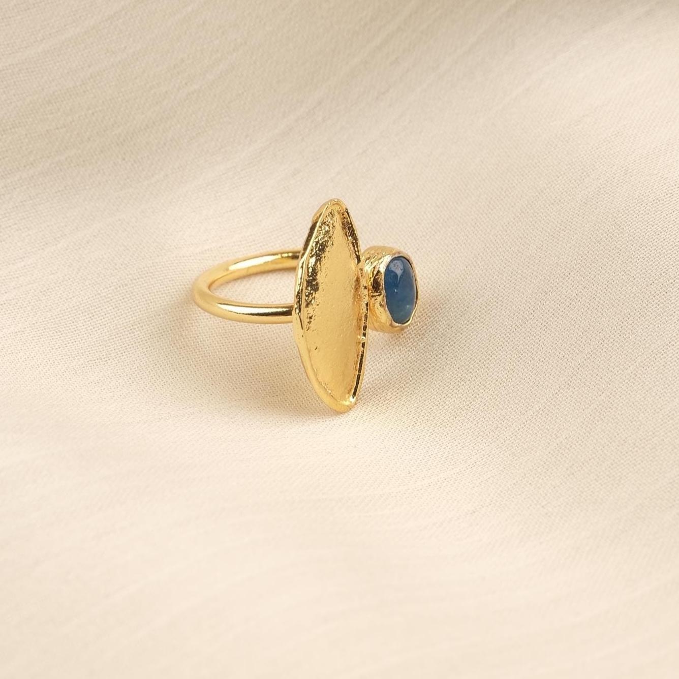 Handmade Classic Artistic Sodalite Gemstone, Antique Looking And Vintage Style Gold Plated Ring With Minimal Sculptural Design Accent
