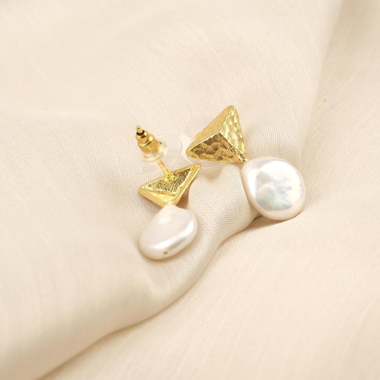 Handmade Genuine Pearl Stud Earrings, Pyramid Style Textured Gold Plated Design, Minimalist Chic Jewelry for Women, Artistic Modern Look