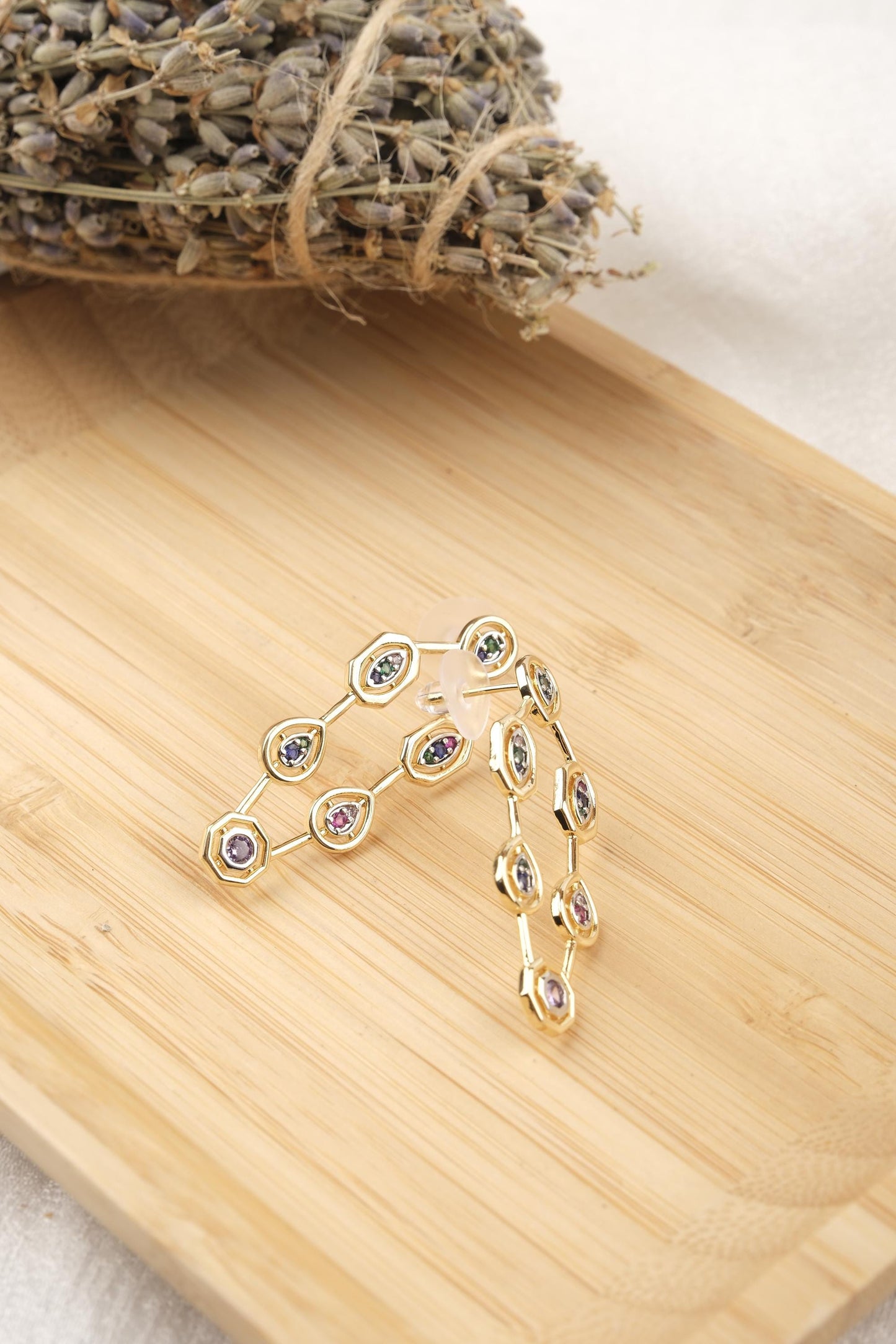 Colorful Baguette Hoop Earrings For Women, Multi Stone Gold Plated Drop Earrings, Vibrant Bold Statement Jewelry Gift Idea