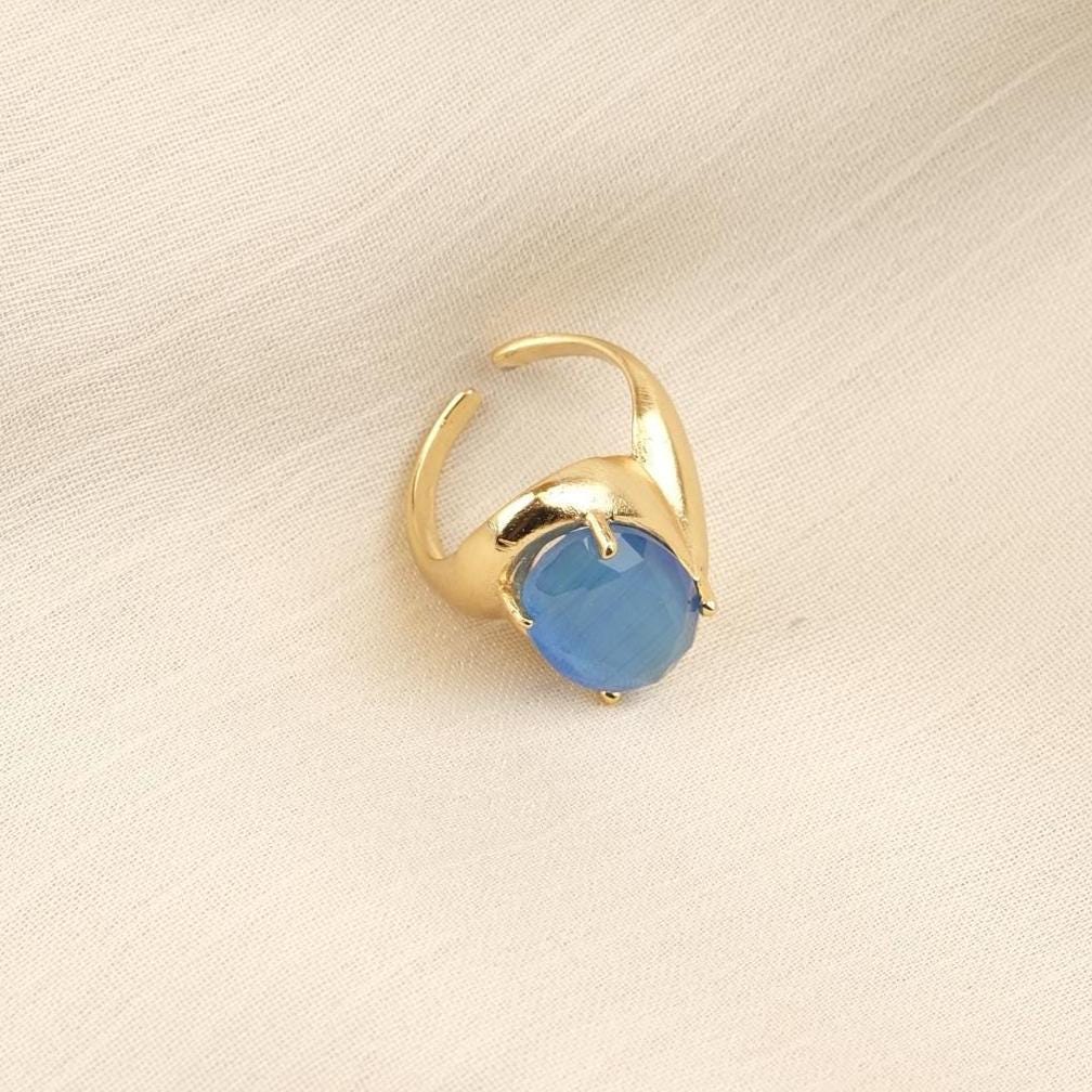 Protect the Aura | Handmade Blue Cat's Eye Ring, Antique Looking And Vintage Style Adjustable Ring, Gemstone Artistic Diamond Ring Gift June