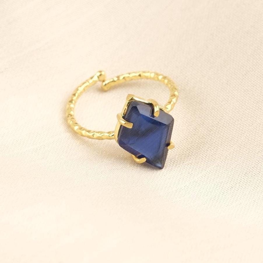 Handmade Minimalist Aquamarine Gemstone Ring, Diamond Inspired, Antique Looking And Vintage Style Gold Plated Ring With Subtle Sparkle