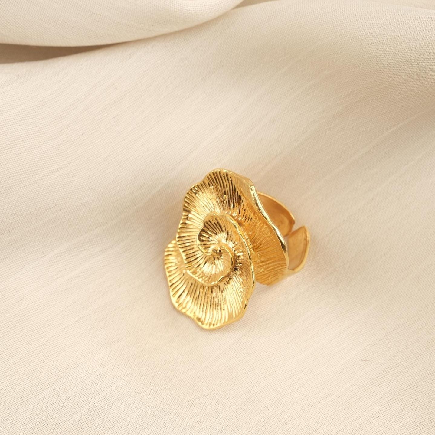 Feel the Movement, Handmade Spiral Bloom Ring, Vintage Style Floral Design, Antique Looking Textured Petal Statement Band | Gold Plated Gift