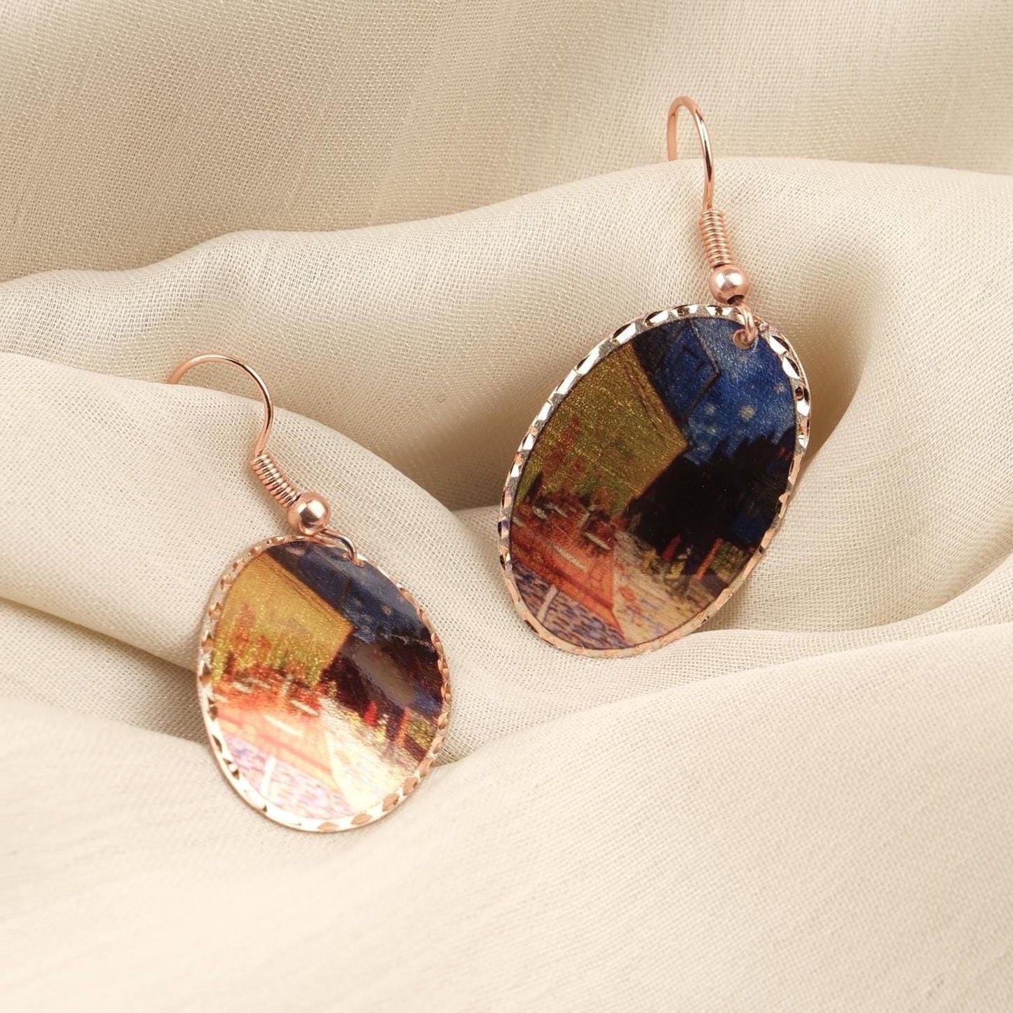 Vincent van Gogh “Café Terrace at Night” Dangle Earrings in Pure Copper, Artistic Design | Handmade Vintage Style, Antique Looking Gift