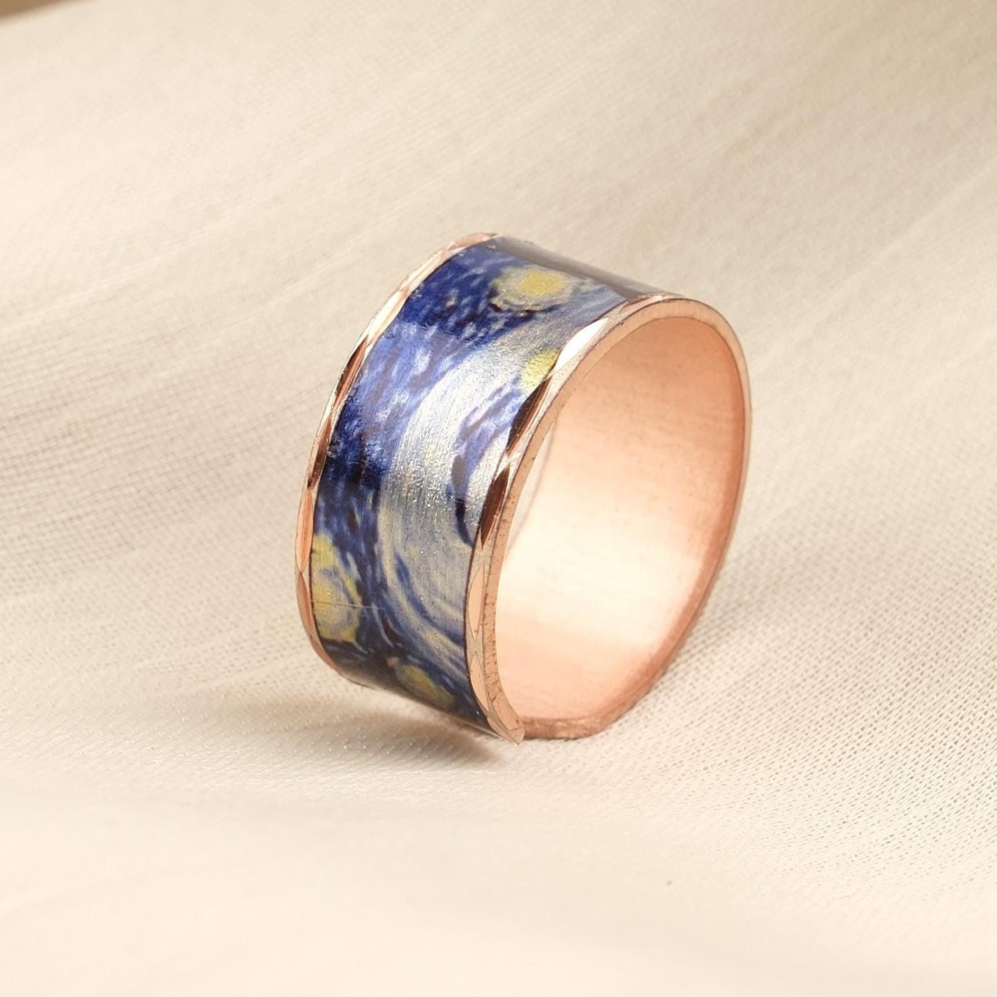 Vincent van Gogh “The Starry Night” Ring in Pure Copper, Adjustable Artistic Design | Handmade Antique Looking Vintage Style Statement Gift
