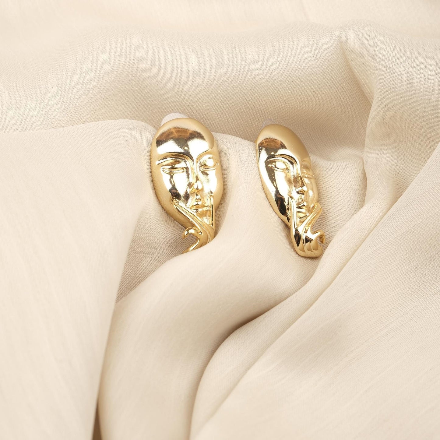 Handmade Artistic Woman Face Stud Earrings, Gold Plated Abstract Design, Statement Feminine Jewelry, Unique Gift with Vintage Style Flair