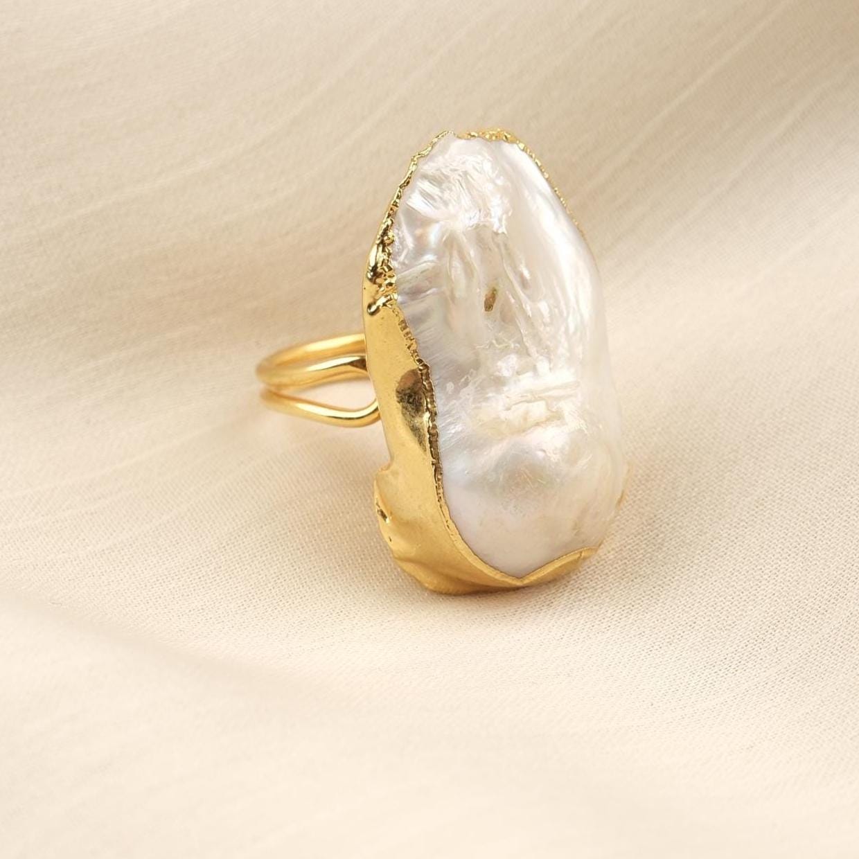 Handmade Genuine Pearl Statement, Antique Looking And Vintage Style Gold Plated Ring With Sculptural Artistic Abstract Design For Women