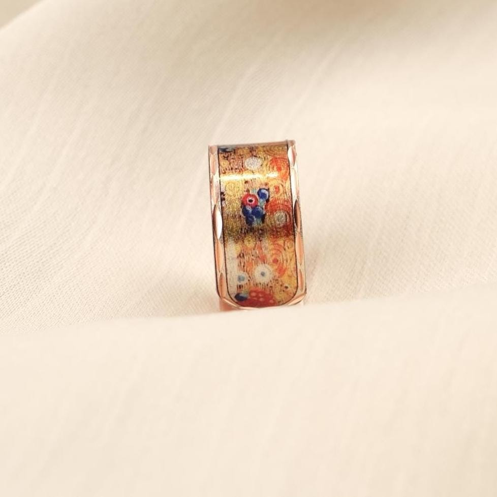 Gustav Klimt "The Kiss" Ring in Pure Copper, Artistic Adjustable Band | Handmade Antique Looking Vintage Style Jewelry Gift for Art Lovers
