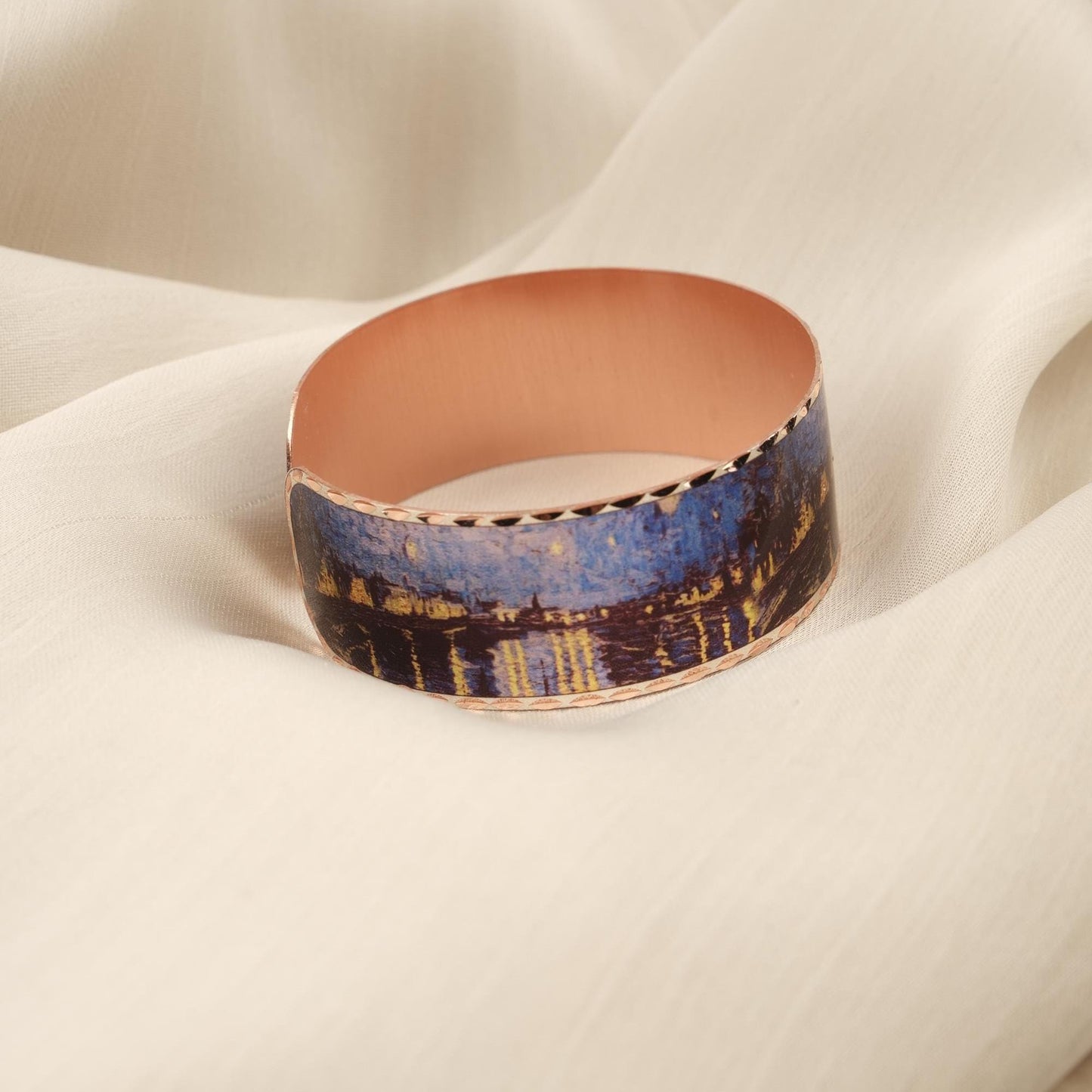 Vincent Van Gogh "Starry Night Over the Rhône" Bracelet, Pure Copper, Handmade Adjustable Artistic Cuff, Antique Looking Vintage Style Gift