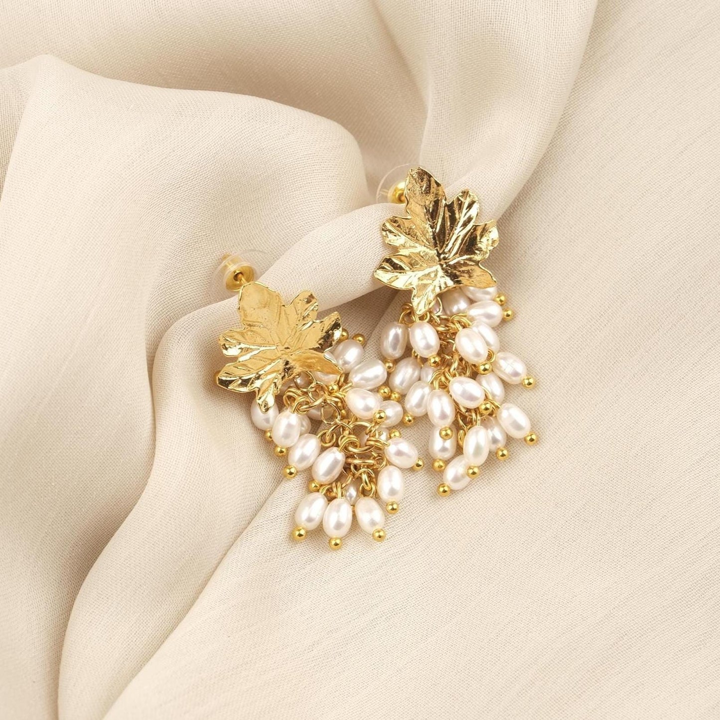 Handmade Genuine Pearls, Grape Stud Earrings, Gold Plated Artistic Cluster Design with Fresh Water Pearls Antique Looking Gift for Women