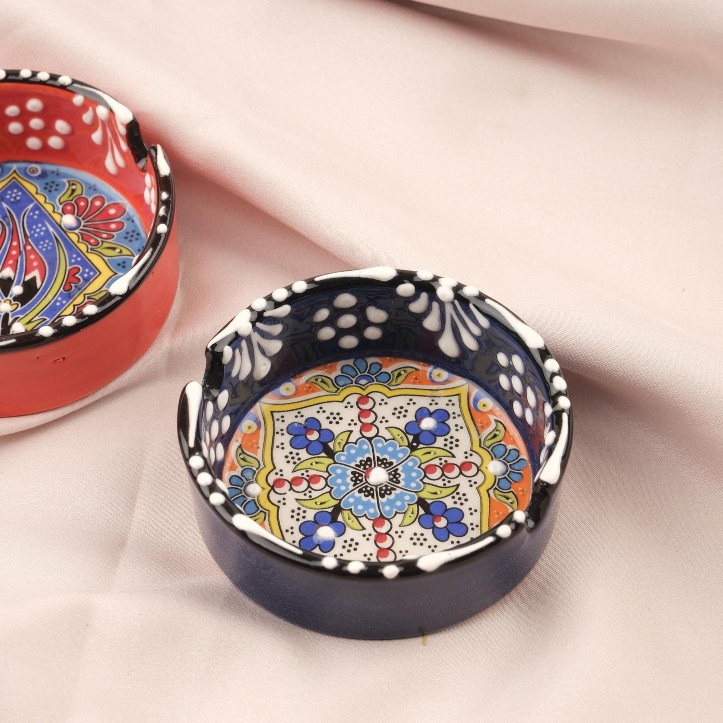 Buy1 Get1 | Antique Ashtray with Vintage Anatolian Paint, Handmade Perfection for Smokers | Ceramic Cigarette Lid in Navy Blue & Red 3.14IN