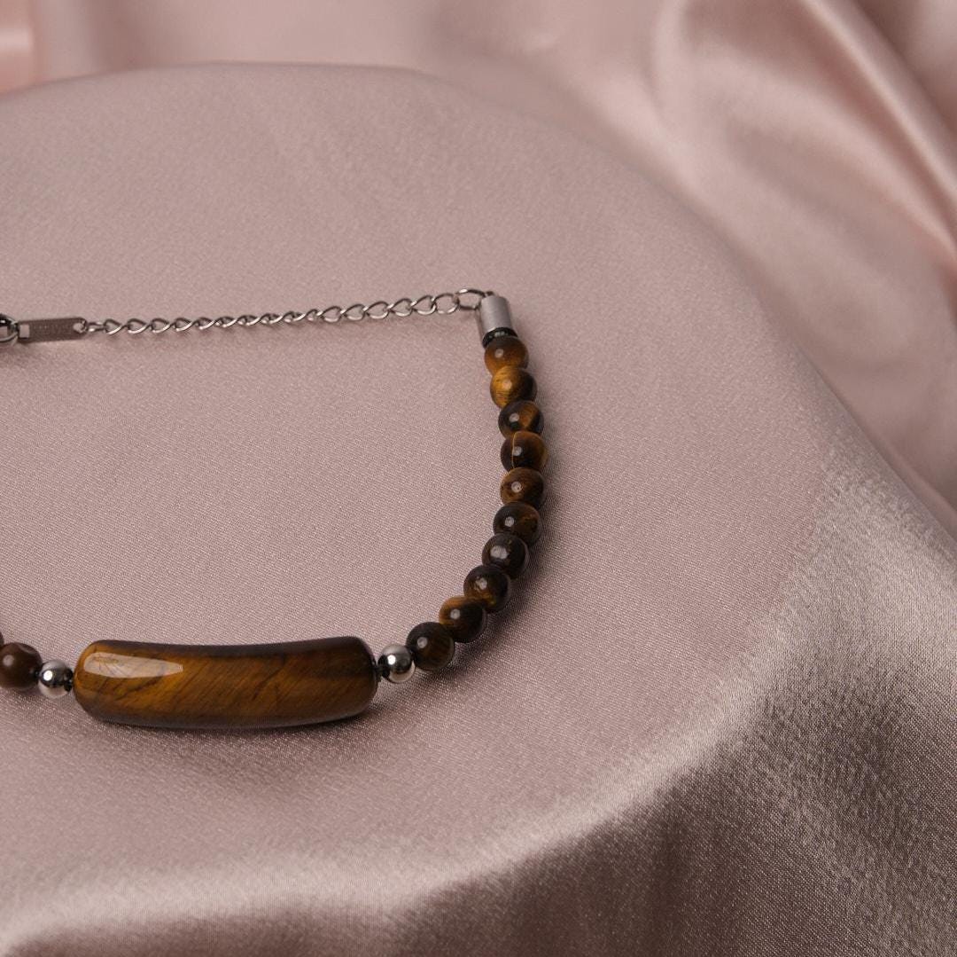Brown and Classic Adjustable Gemstone Bracelet for Men, Chunky Chain Link | Rugged Modern Style | Masculine Jewelry Gift for Boyfriend