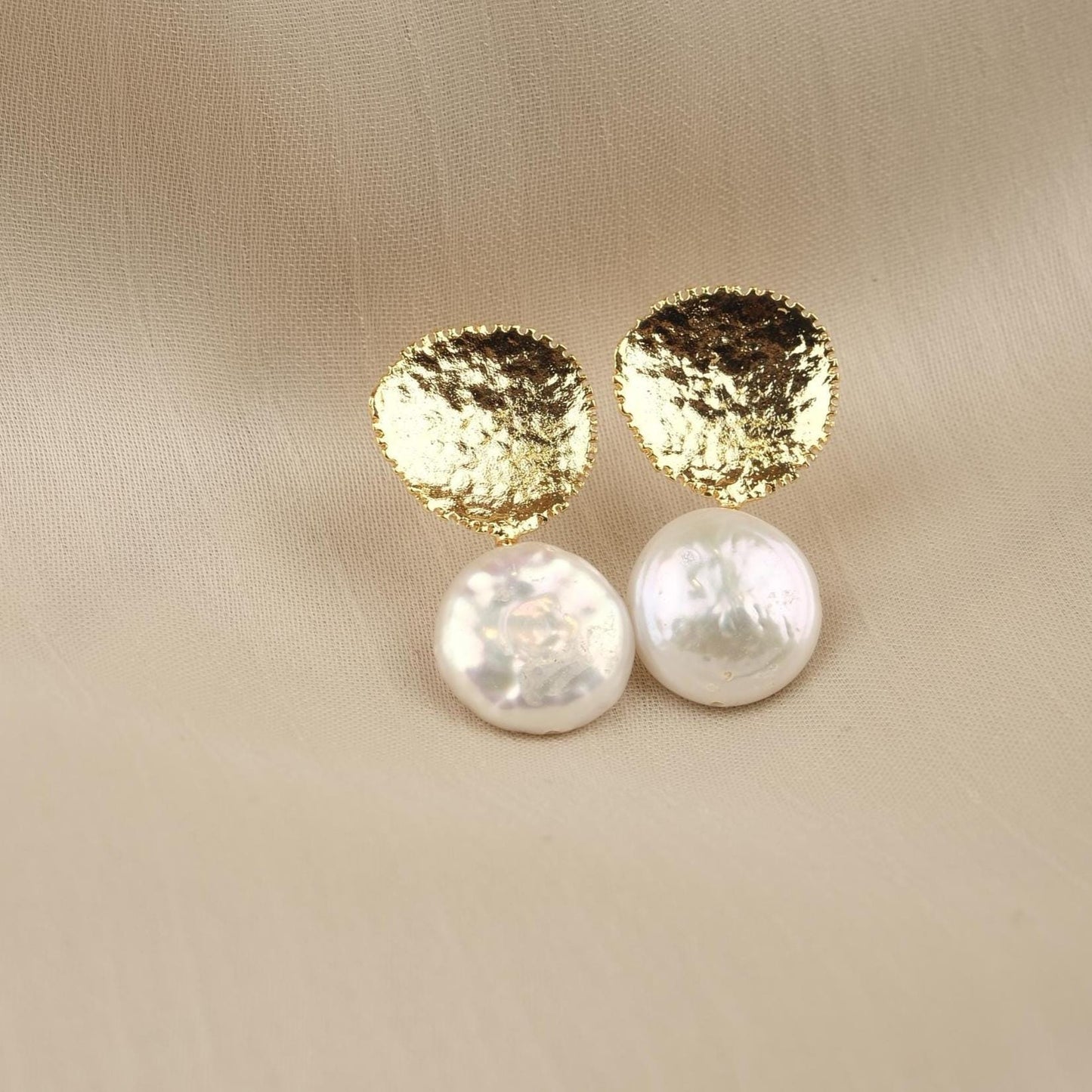 Handmade Gold Plated Stud Earrings with Genuine Freshwater Pearl, Antique Looking Dome Design, Elegant Artistic Minimal Jewelry Gift for her