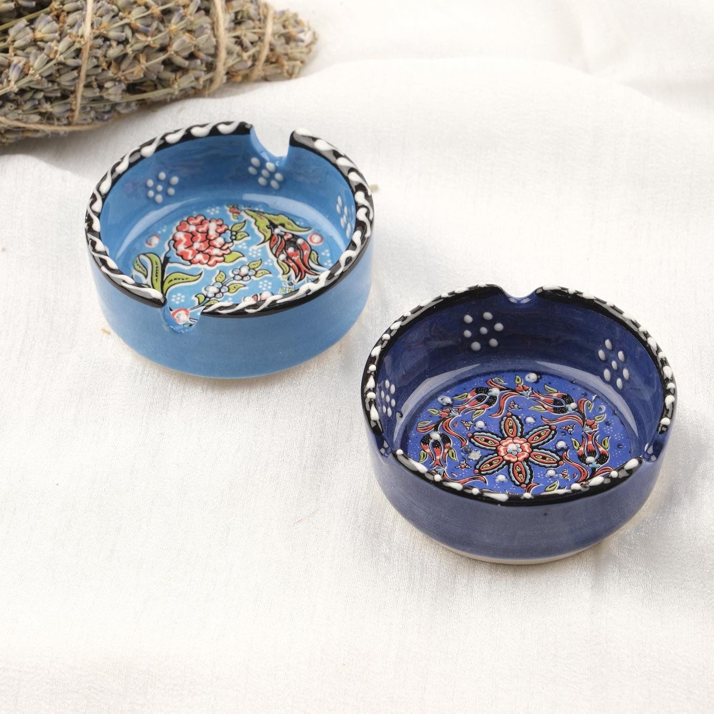 Buy1 Get1 | Navy Blue & Blue Ceramic Ashtray with Antique Lid Design, Handmade Small Vintage Smoking Tray, Stylish Ashtray Gift for Home