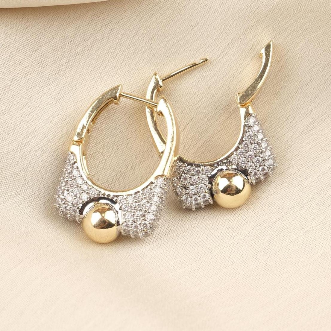 Gold Plated Silver Stud Earrings with Mini Diamond Detailing, Classic Hoop Design, Art Deco Style, Luxury Look, Hypoallergenic and Timeless