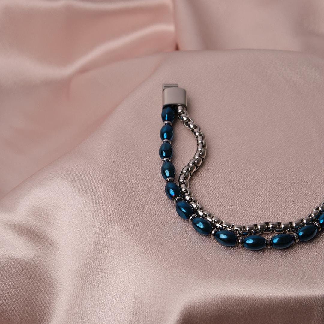 Half Blue Stone & Half Silver Stainless Steel Bracelet –Thick Chain Design for Men | Durable Wristwear | Bold Statement Piece | Gift for Him