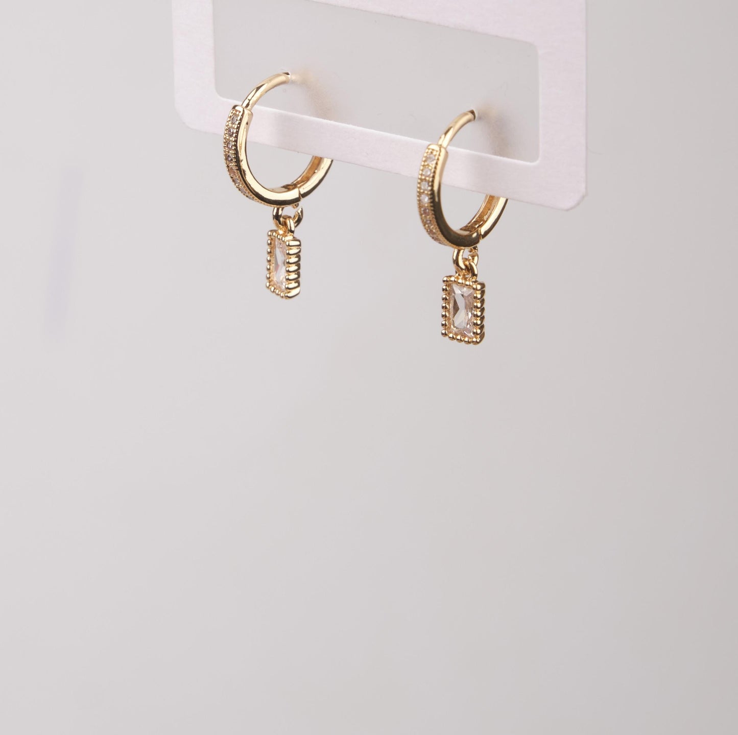 Gold Rectangle Pink Emerald Earrings, Elegant Minimalist Hoops For Women Who Glow, Feminine Statement Jewelry In Brass