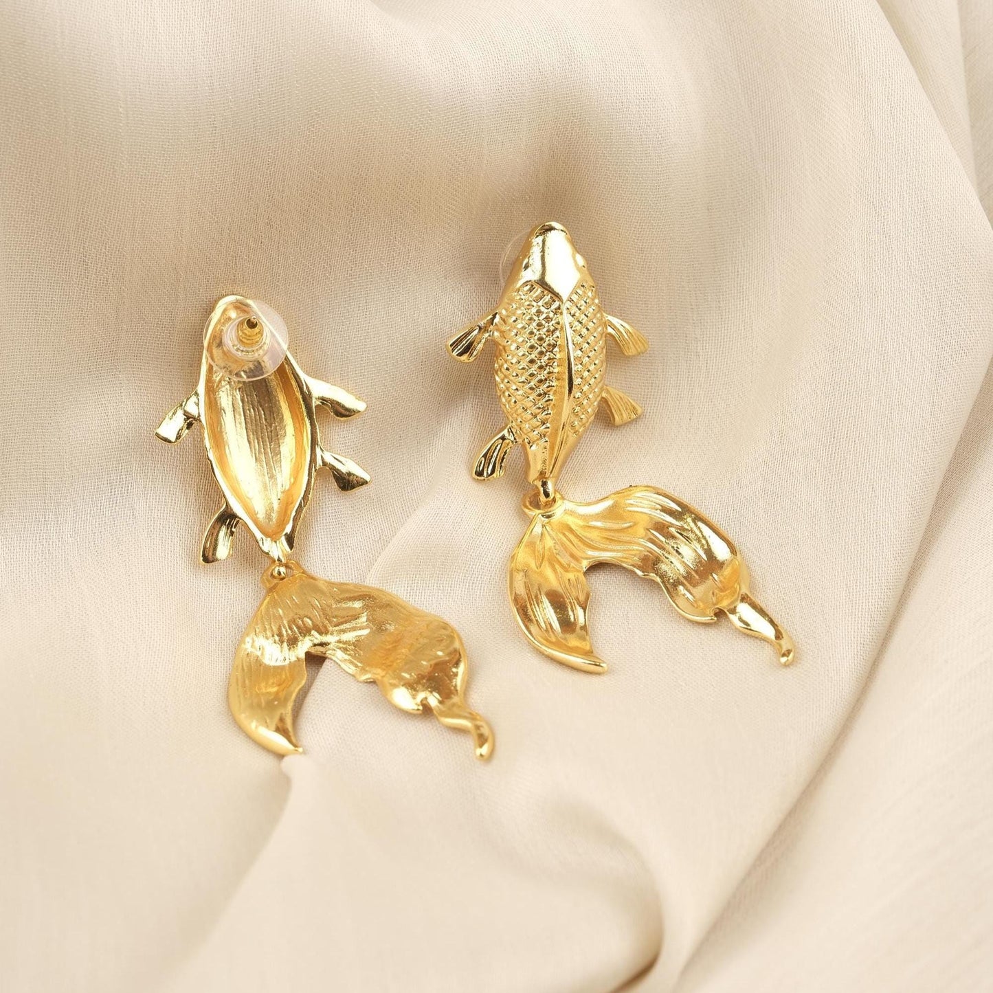 Handmade Gold Plated Koi Fish Stud Earrings, Elegant Symbolic Design with Flowing Tail, Artistic and Antique Looking Statement Jewelry Piece