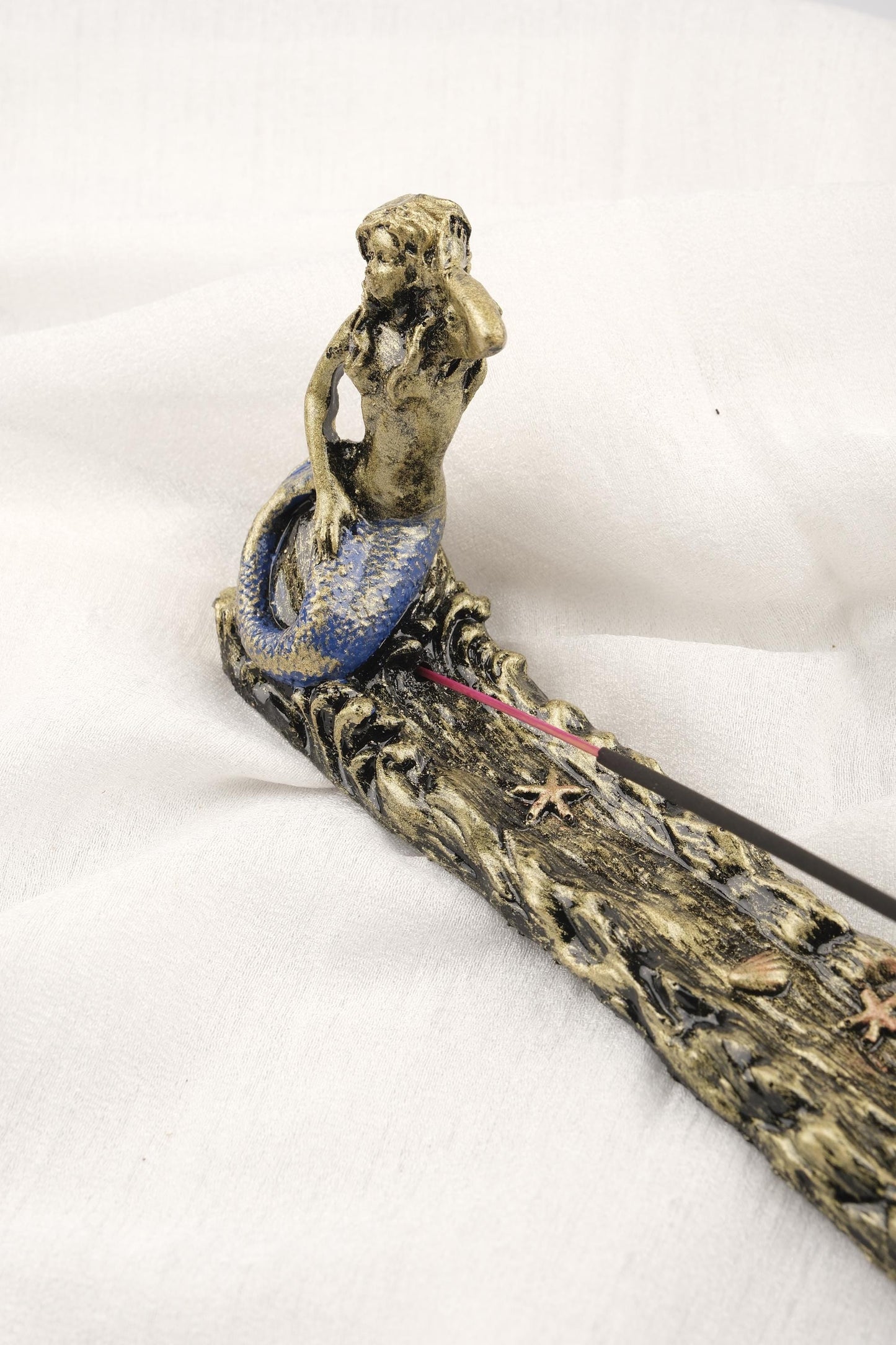 Starfish Mermaid At The Beach Incense Stick and Palo Santo Holder, Blue Gold and Pearl Beach Vibes | 22x4x10cm Authentic Ash Catcher