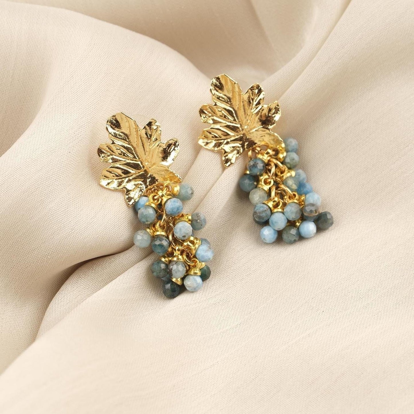 Handmade Apatite Grape Stud Earrings, March Birthstone, Elegant & Fruit-Inspired Jewelry, Antique Looking Statement Design Gift for Her